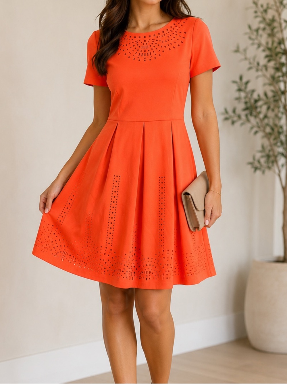 Alex Marie Orange Short-Sleeve Fit & Flare Dress with Laser-Cut Detail